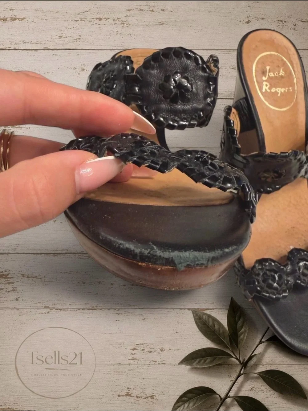 Jack Rogers Black Leather Medallion Wedge Sandals - Size 6.5